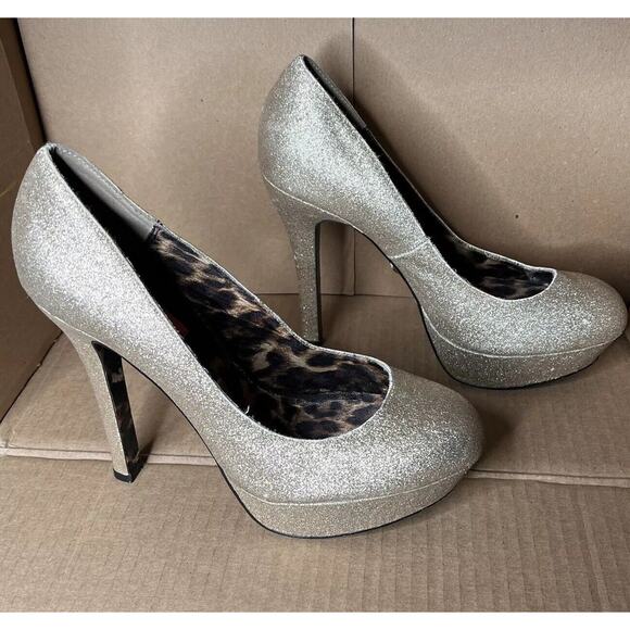 Betsey Johnson Pump Heels Shoe 10 M DISKKO Gold Glitter Leopard Platform Party - Picture 15 of 16